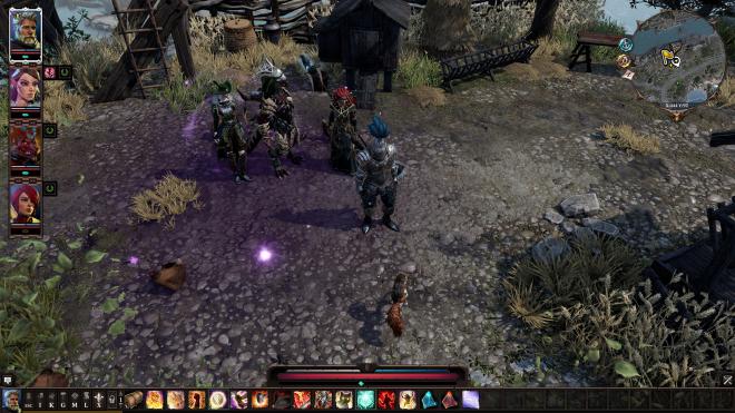 A screenshot from the game Divinity: Original Sin II, with four fantasy-style characters are standing in a chicken patch.