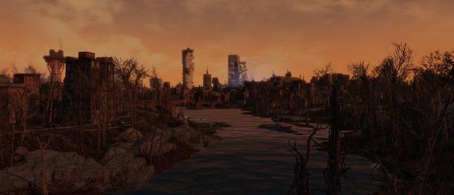 a screenshot from the game Fallout 3 showing post-apocolyptic downtown Boston