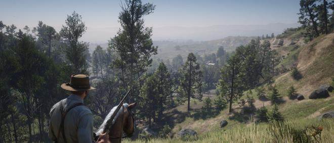 a screenshot from the game Red Dead Redemption 2 picturing a cowboy with a rifle on a brown horse. They are on a hill overlooking sweeping planes full of pines and woods.