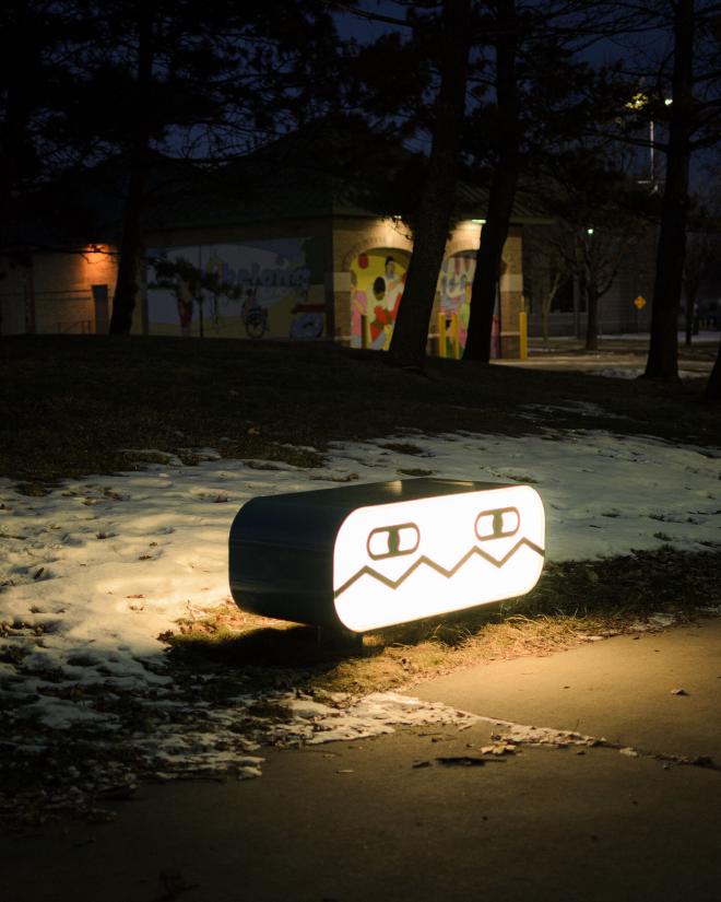 the Doodle Benches with retro, robot-inspired backlit faces