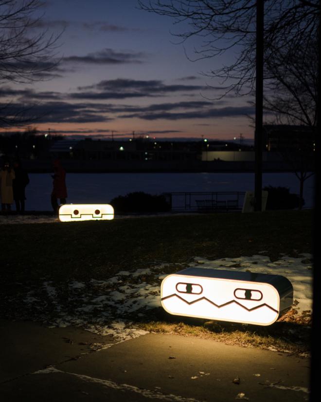 the Doodle Benches with retro, robot-inspired backlit faces