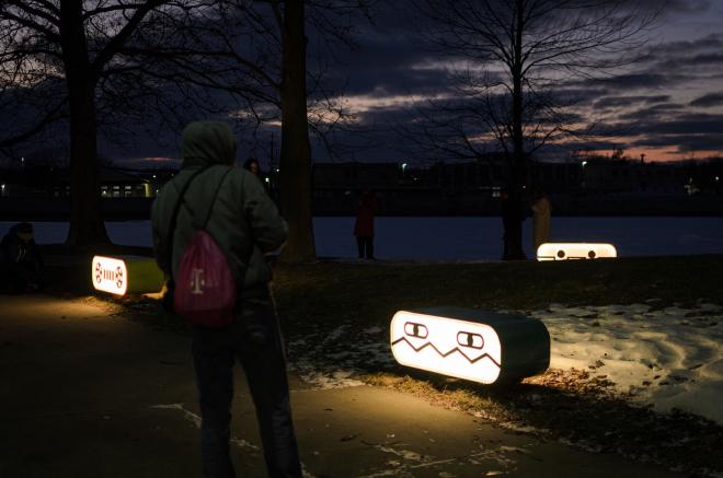 the Doodle Benches with retro, robot-inspired backlit faces