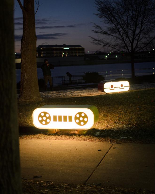 the Doodle Benches with retro, robot-inspired backlit faces